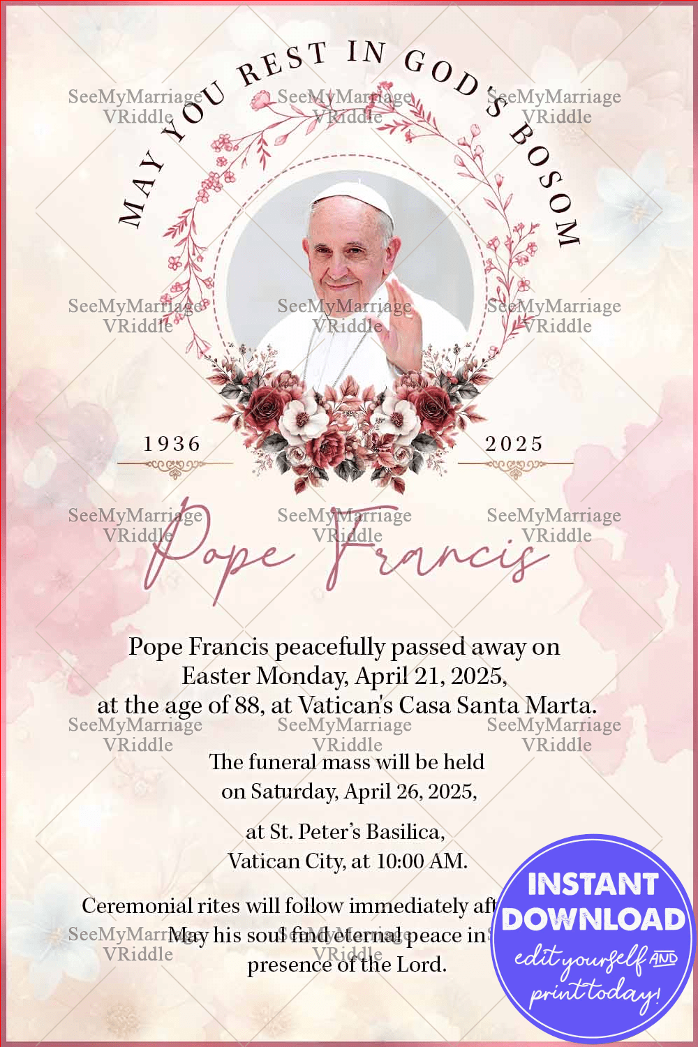 Pope Style Minimalist Floral Wreath Memorial Card Design with Elegant Tribute Layout With Add Photo