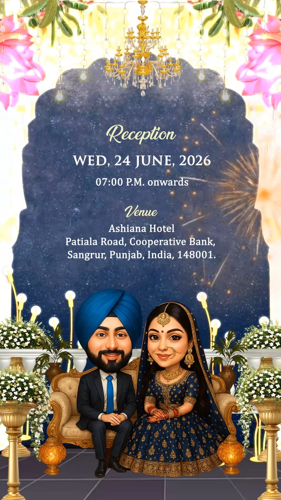 Punjabi Sardar Theme Wedding Invitation Video with Caricature Illustration of the Bride and Groom, Engagement, Reception