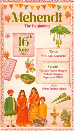 Rajasthani Shaadi Invitation Video with Family Illustration, Folk Art Design and Mehendi, Haldi, Sangeet