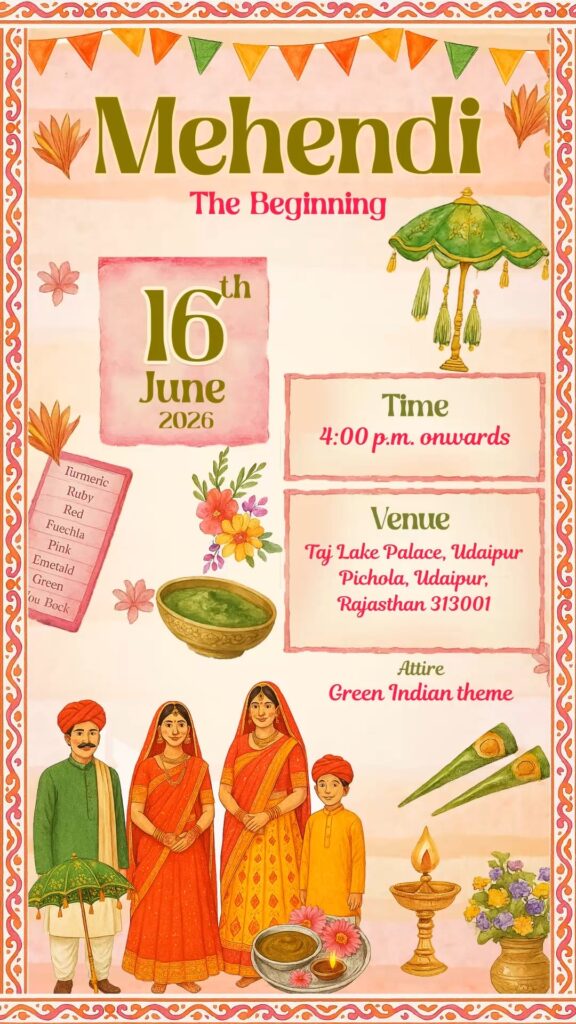 Rajasthani Shaadi Invitation Video with Family Illustration, Folk Art Design and Mehendi, Haldi, Sangeet