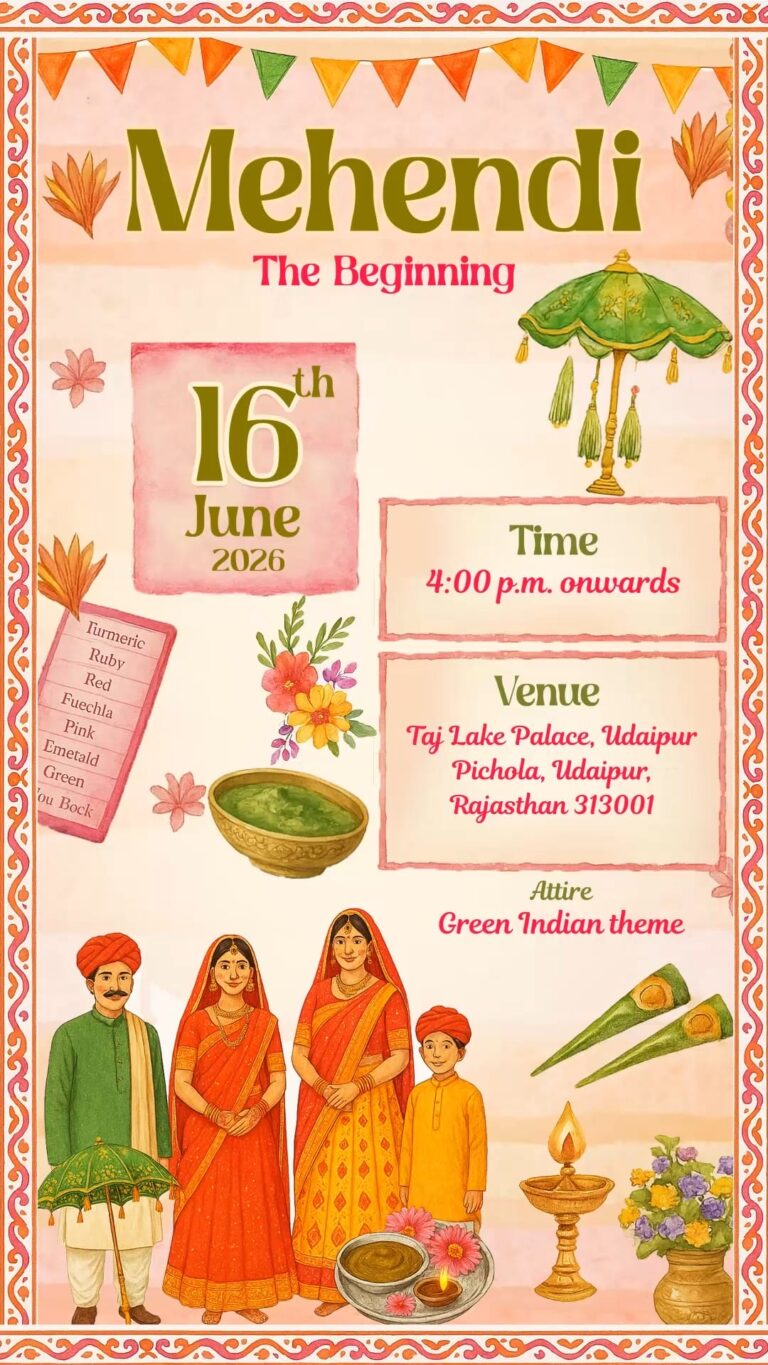 Rajasthani Shaadi Invitation Video with Family Illustration, Folk Art Design and Mehendi, Haldi, Sangeet