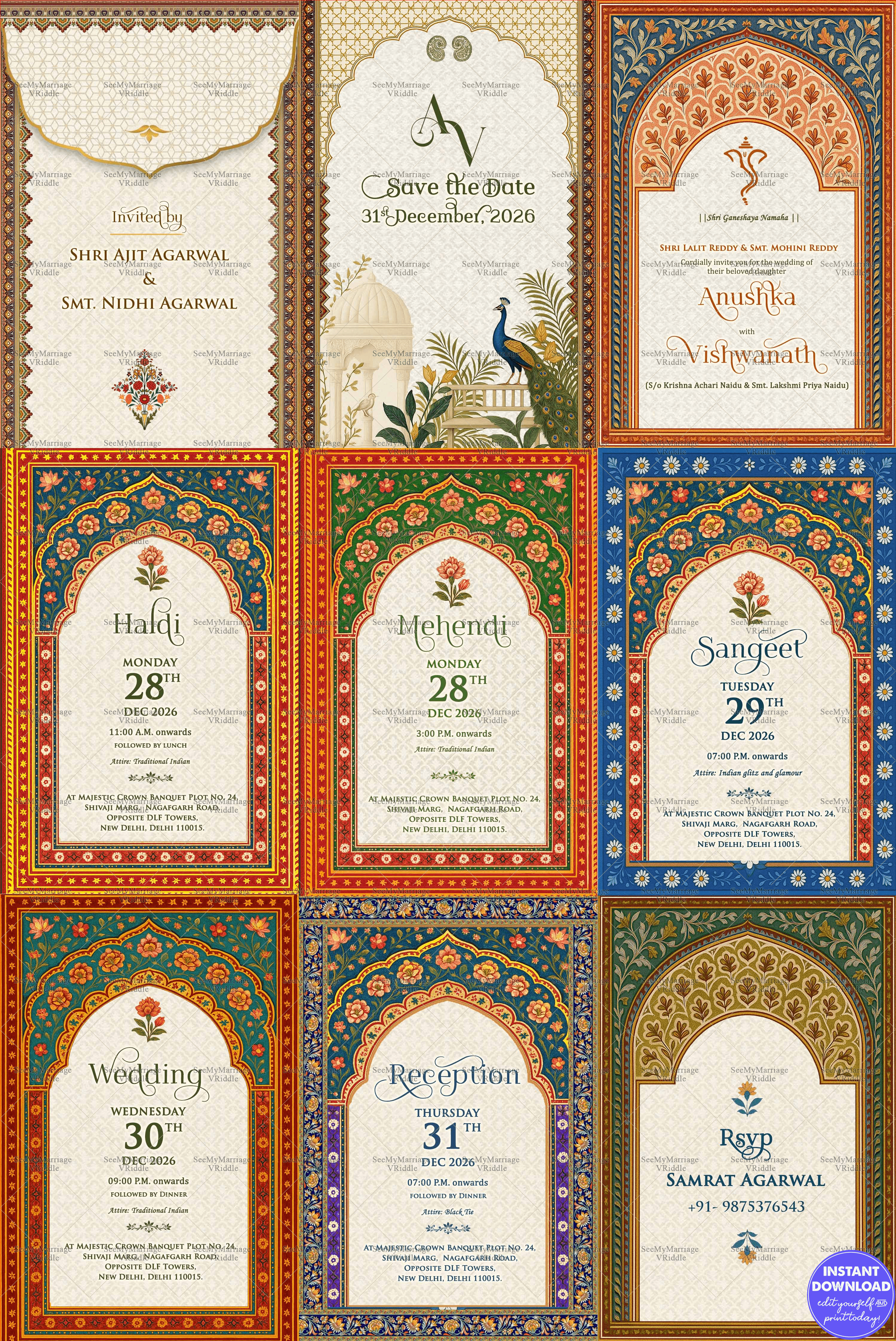 Royal Arch Wedding Invitation Card Set with Floral and Peacock Illustrations-min