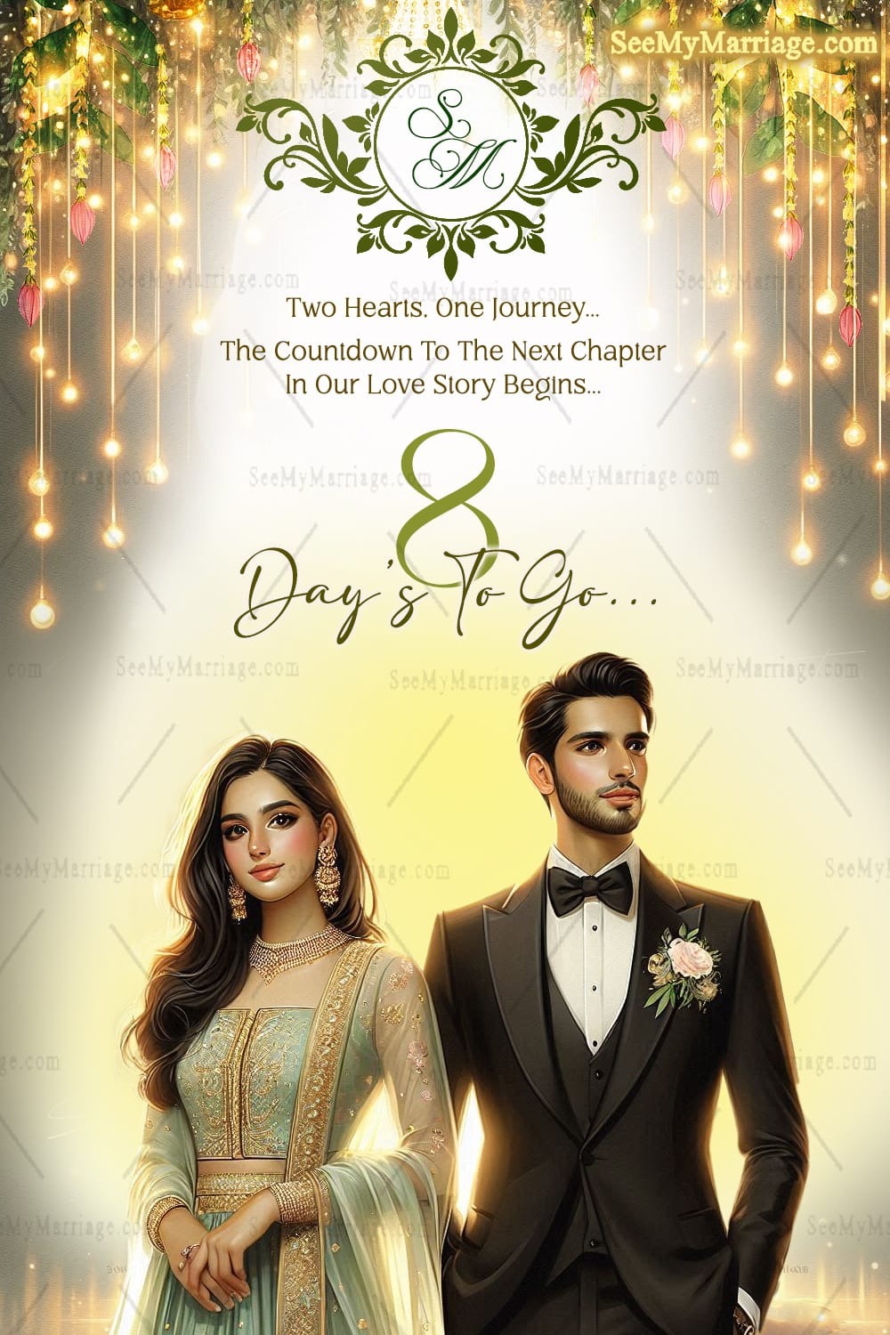 Royal Couple Illustration Wedding Countdown Invitation with String Lights and Hanging Floral Decorations