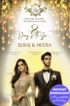 Royal Couple Illustration Wedding Countdown Invitation with String Lights and Hanging Floral Decorations
