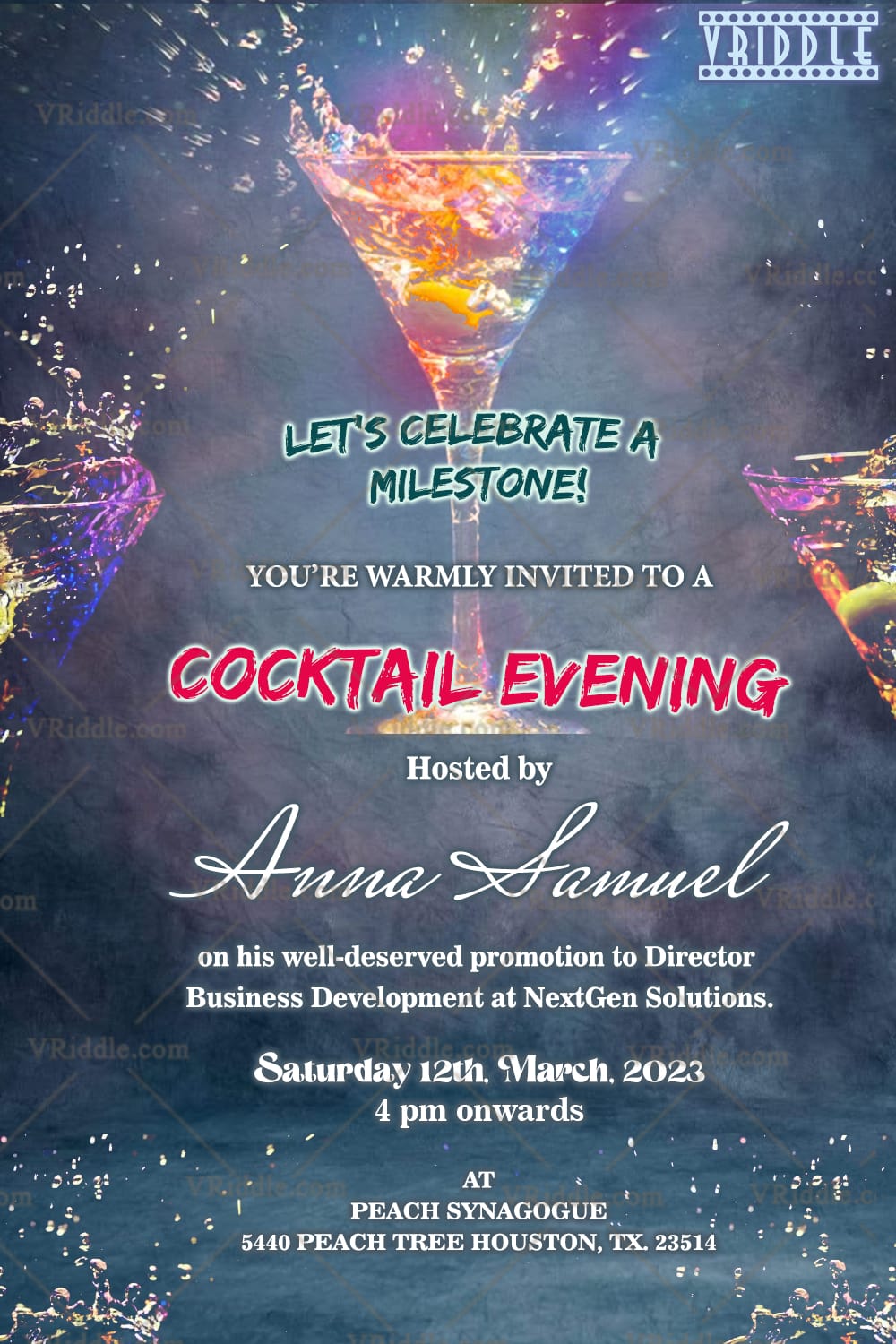 Splash Theme Cocktail Party and Promotion Party Invitation Card with Martini Glasses