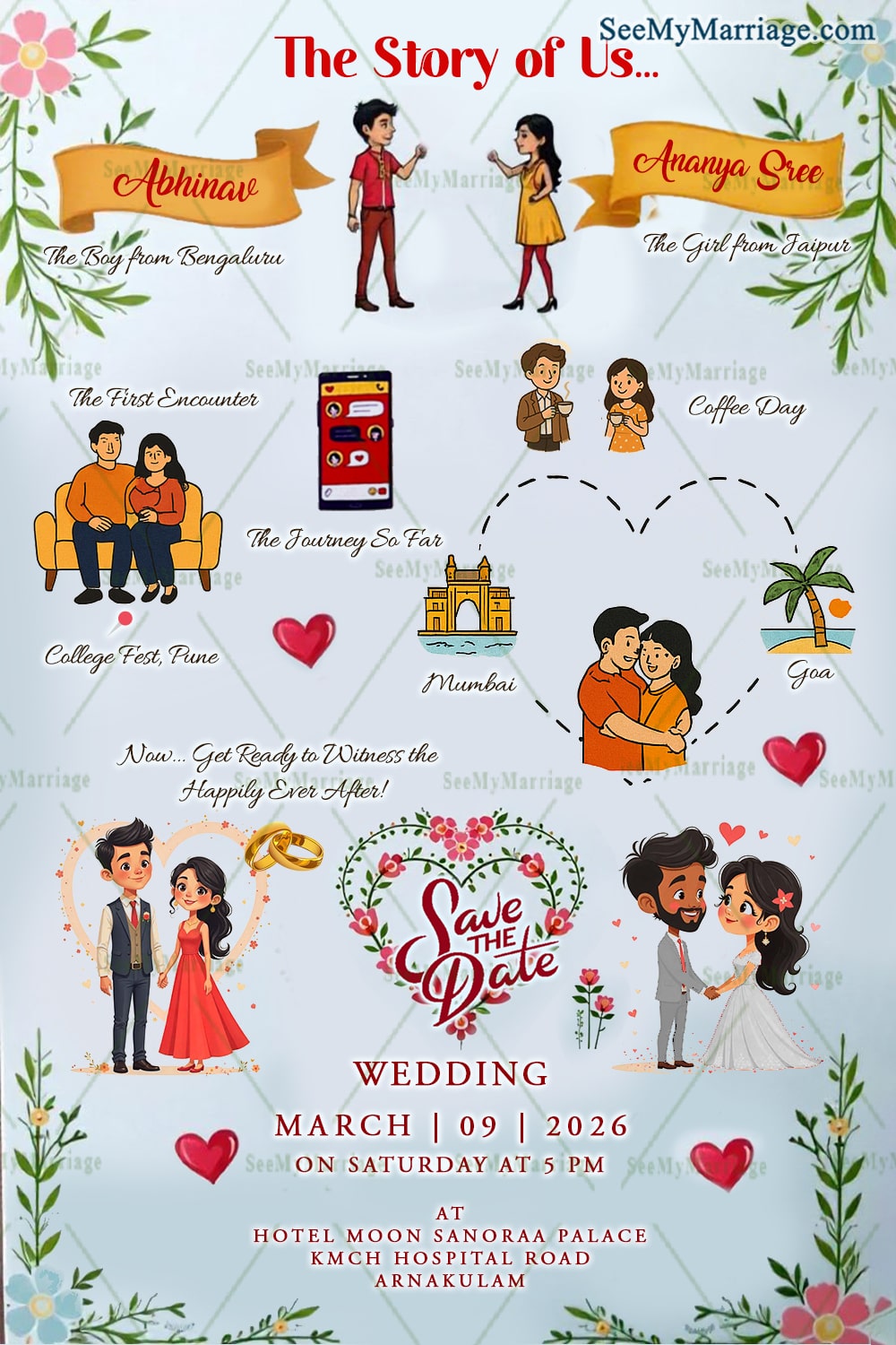 Story Type Wedding Invitation Celebrating the Journey of Love with Cartoon