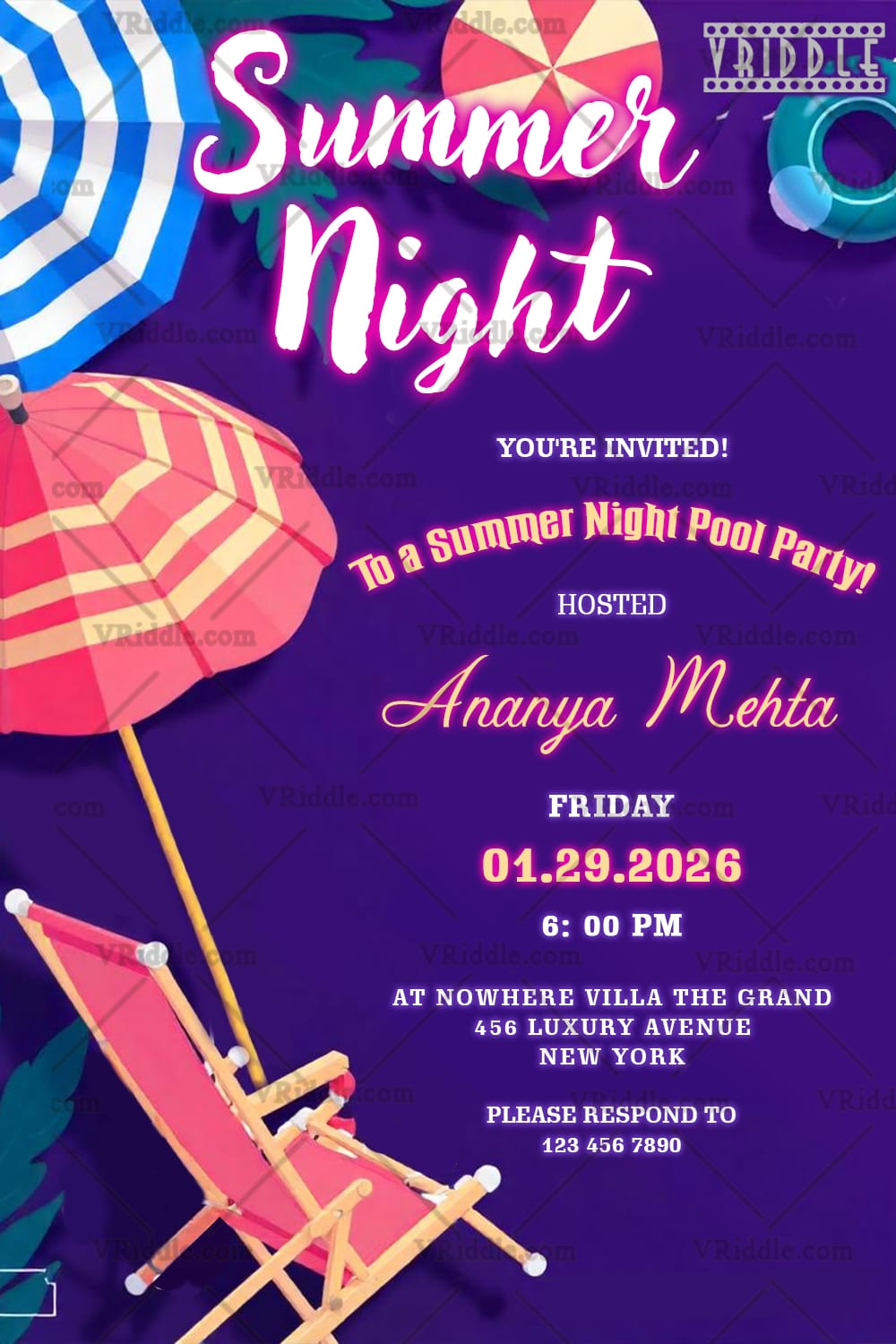 Summer Night Pool Party Invitation with Lounge Chair and Umbrellas