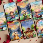Sunset & Lakeview Wedding Ceremony Card Set with Lotus, Peacock and Bride-Groom Illustration