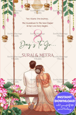 Swing On Couple Wedding Countdown Invitation with Cream Theme, Lotus Flowers and Leaves