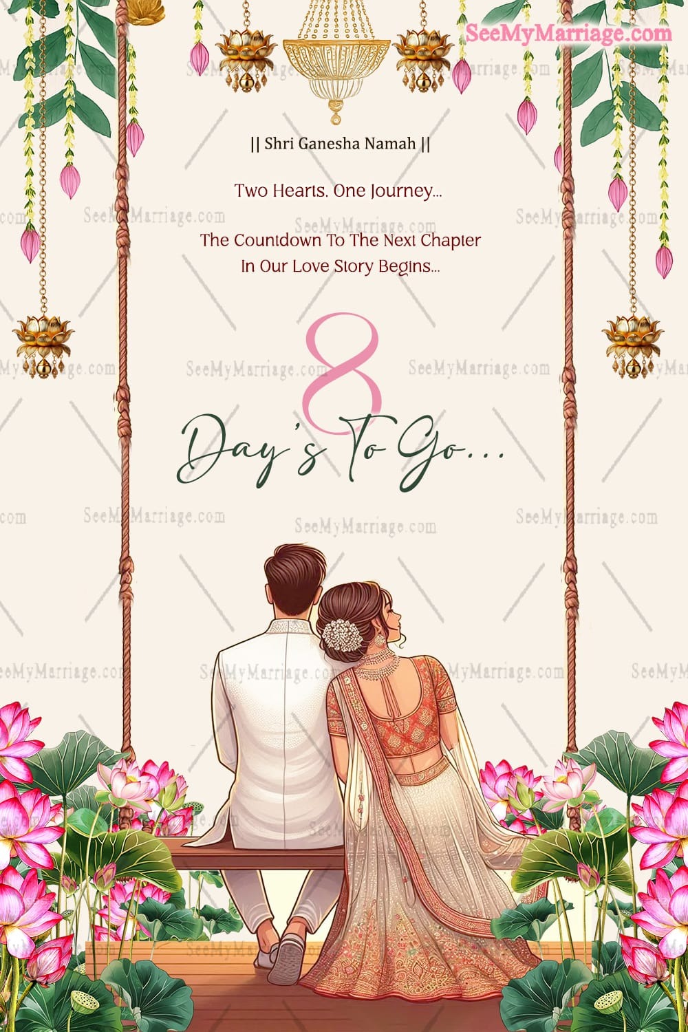 Swing On Couple Wedding Countdown Invitation with Cream Theme, Lotus Flowers and Leaves