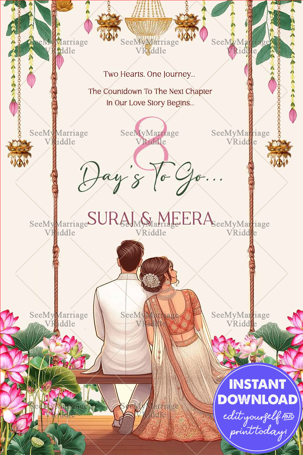 Swing On Couple Wedding Countdown Invitation with Cream Theme, Lotus Flowers and Leaves