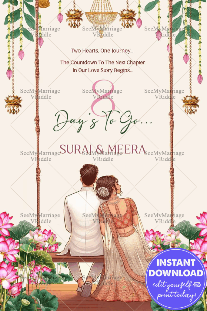 Swing On Couple Wedding Countdown Invitation with Cream Theme, Lotus Flowers and Leaves
