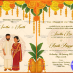 Traditional Marigold Garland Wedding Invitation with Couple Illustration in Cream Theme