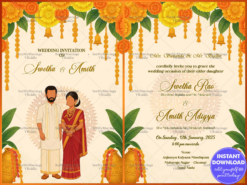 Traditional Marigold Garland Wedding Invitation with Couple Illustration in Cream Theme