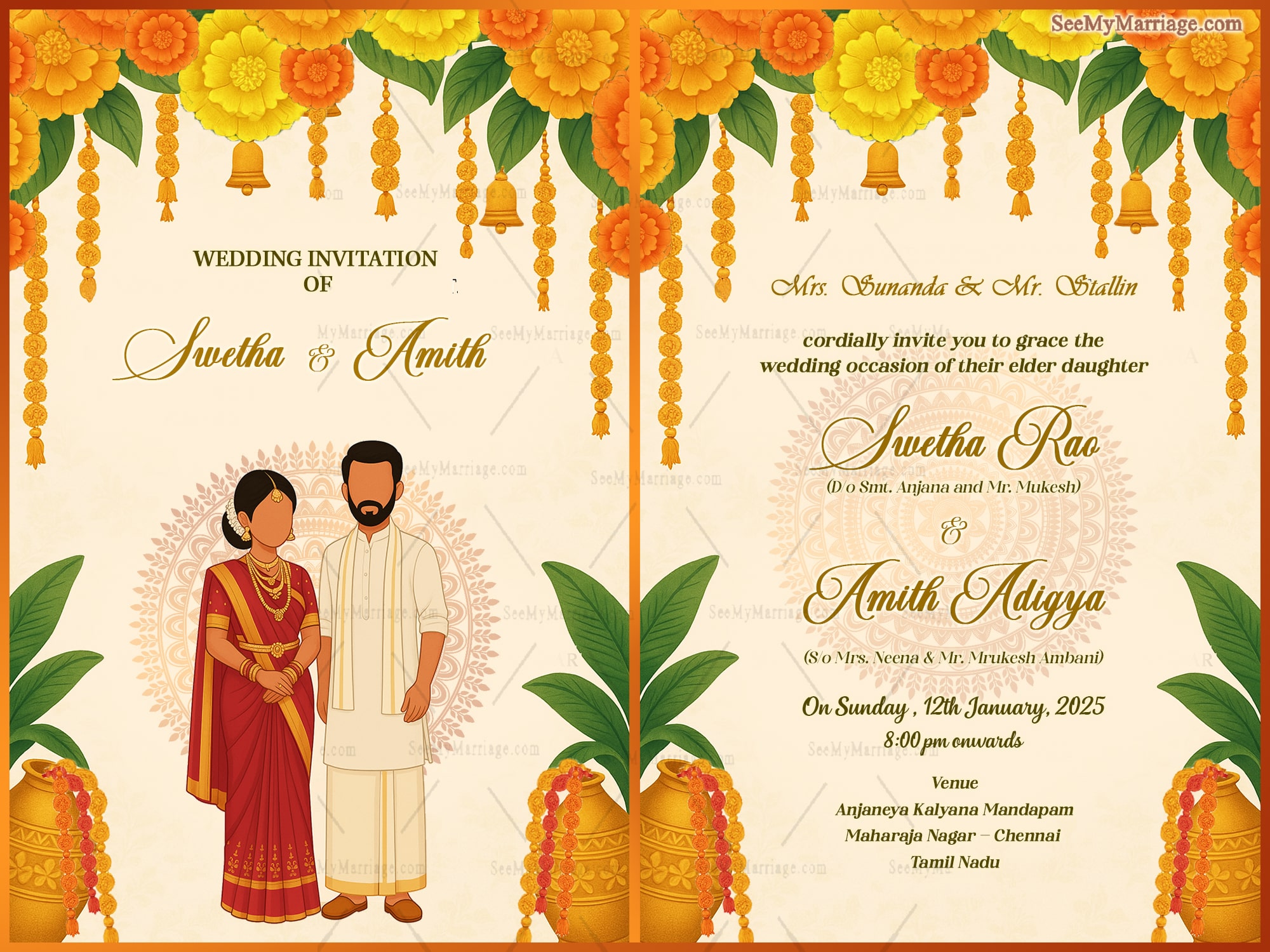 Traditional Marigold Garland Wedding Invitation with Couple Illustration in Cream Theme