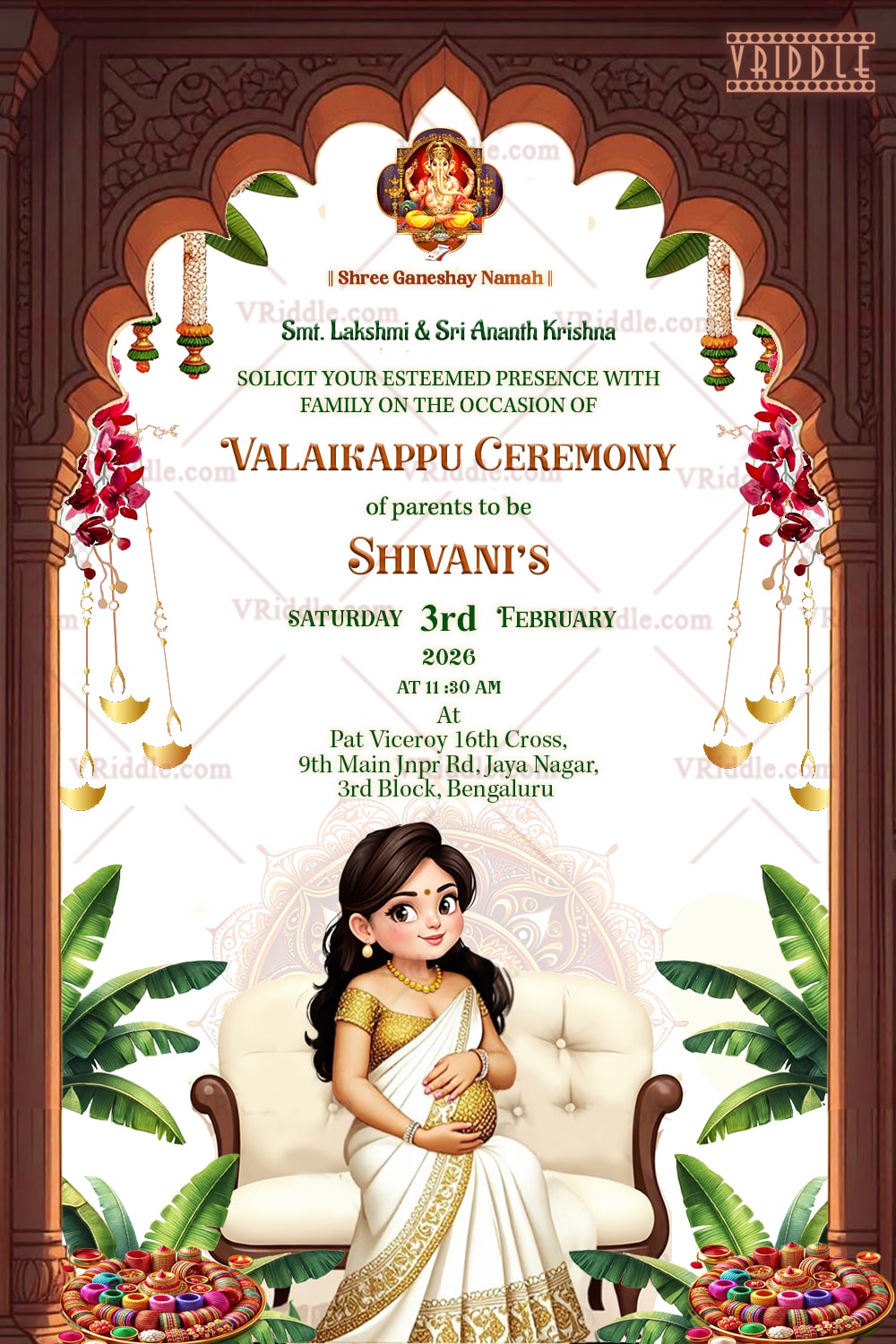 Traditional Valaikappu Ceremony Invitation Featuring a Graceful Pregnant Lady Illustration and Festive Floral Decorations