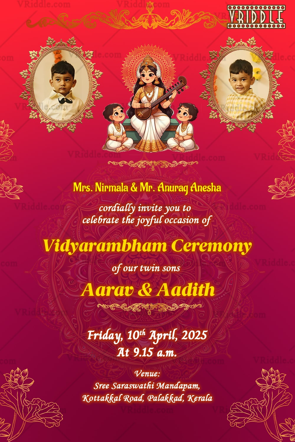 Traditional Vidyarambham Ceremony Invitation for Twin Boys in Divine Theme