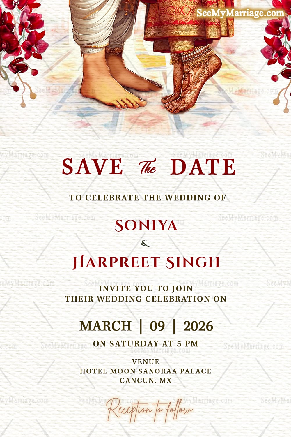 Bride and Groom's Feet Illustration Save the Date Card with Red Flowers