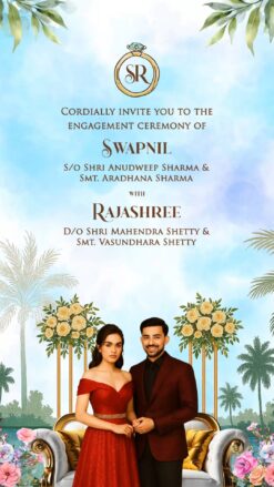 Tropical Elegance Engagement Ceremony Video with Couple Portrait, Palm Trees, Roses and Garden Theme