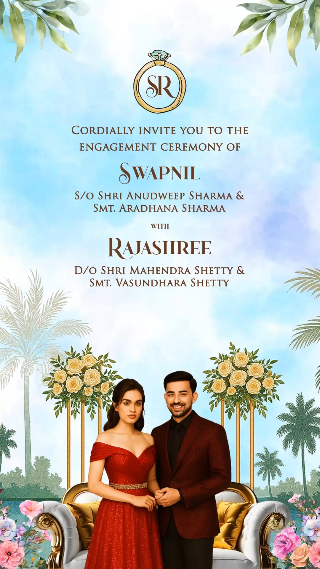 Tropical Elegance Engagement Ceremony Video with Couple Portrait, Palm Trees, Roses and Garden Theme
