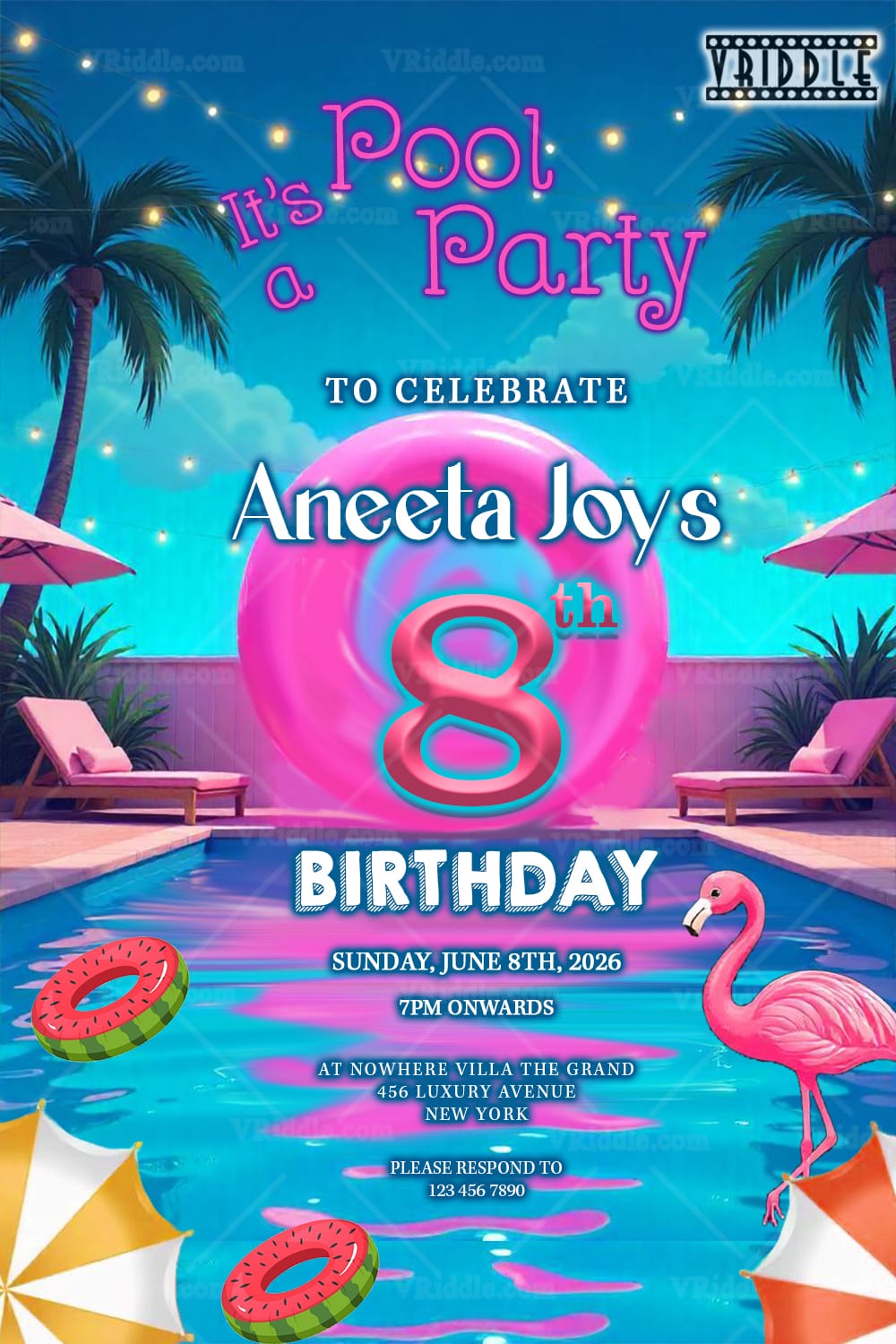 Tropical Flamingo Pool Party and Birthday Invitation with Pink Float, Watermelon and Palm Trees