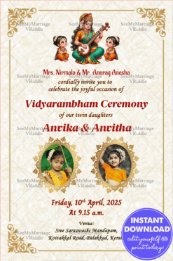 Vidyarambham Ceremony of Twin Girls with Saraswathy Theme Cream Background Design