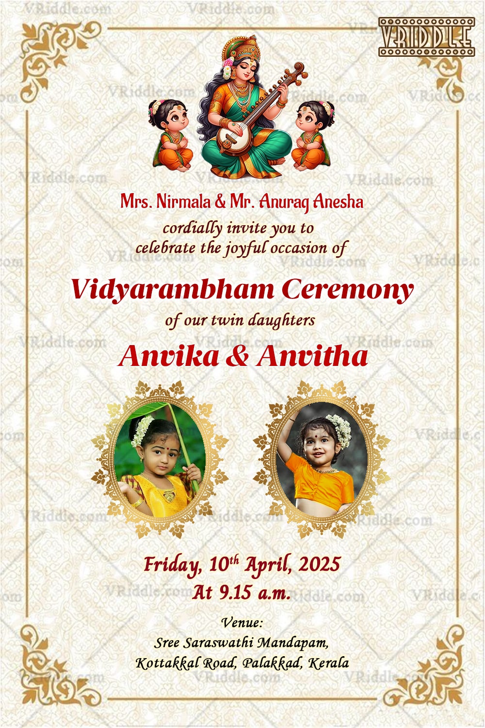Vidyarambham Ceremony of Twin Girls with Saraswathy Theme Cream Background Design