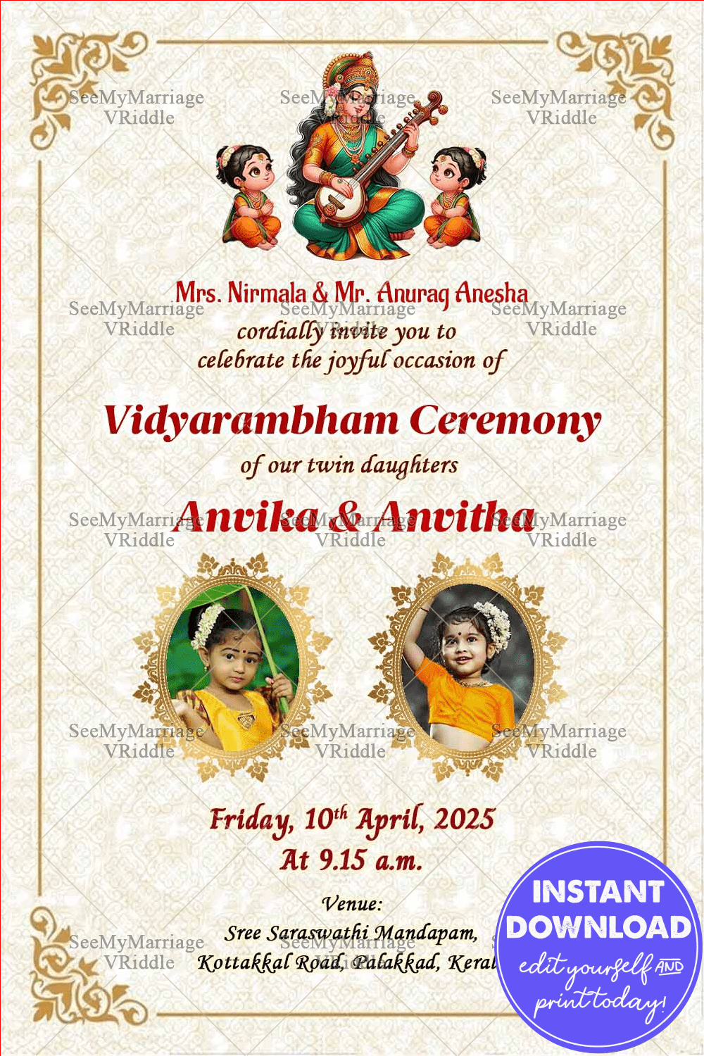 Vidyarambham Ceremony of Twin Girls with Saraswathy Theme Cream Background Design