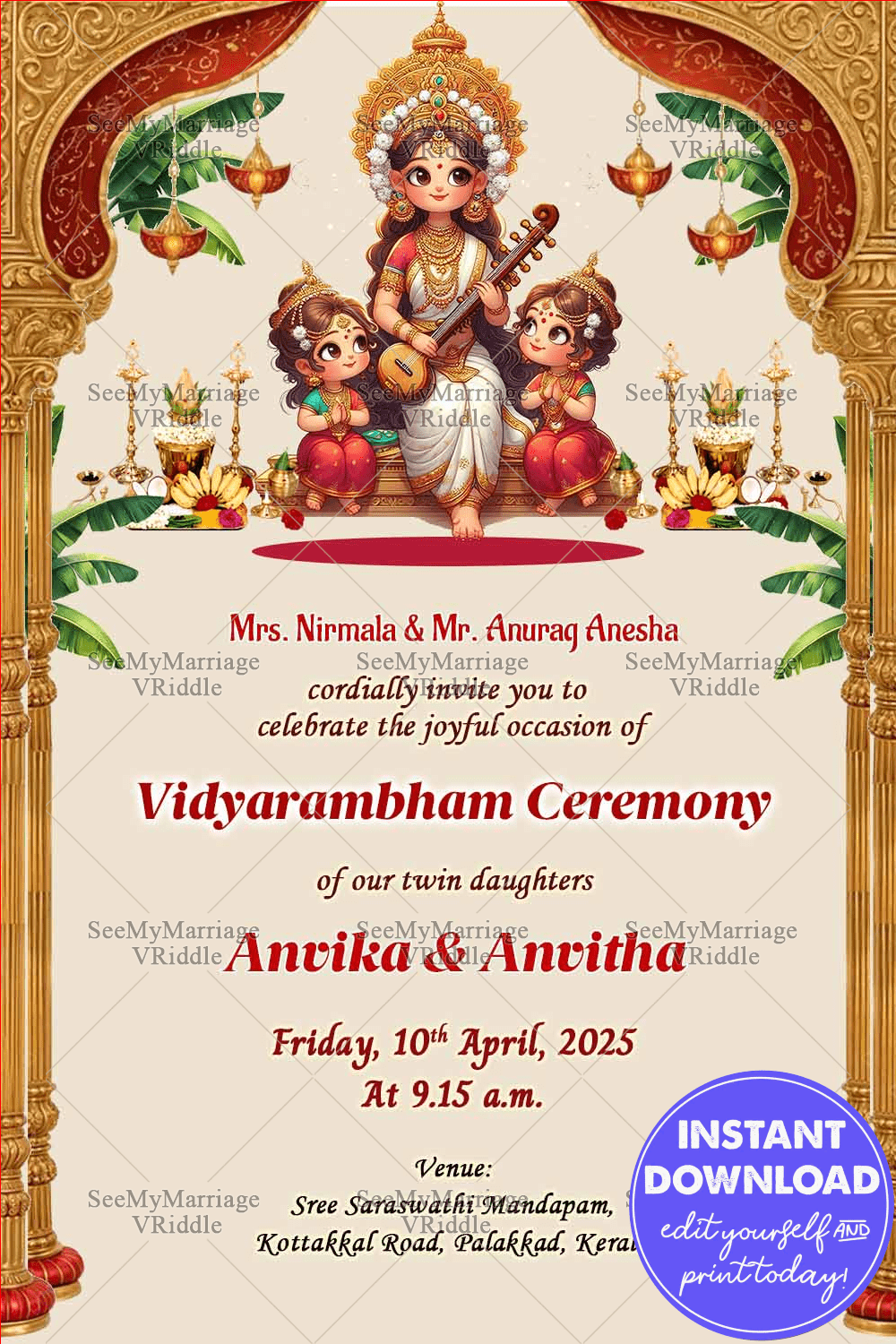Vidyarambham Twin Girls Invitation Saraswathy Blessings for First Writing Ceremony