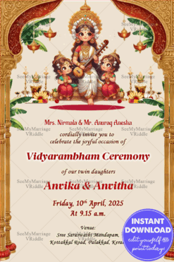 Vidyarambham Twin Girls Invitation Saraswathy Blessings for First Writing Ceremony