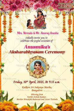 Aksharabhyasam Invitation Divine Beginning with Marigold Decor with Baby Image