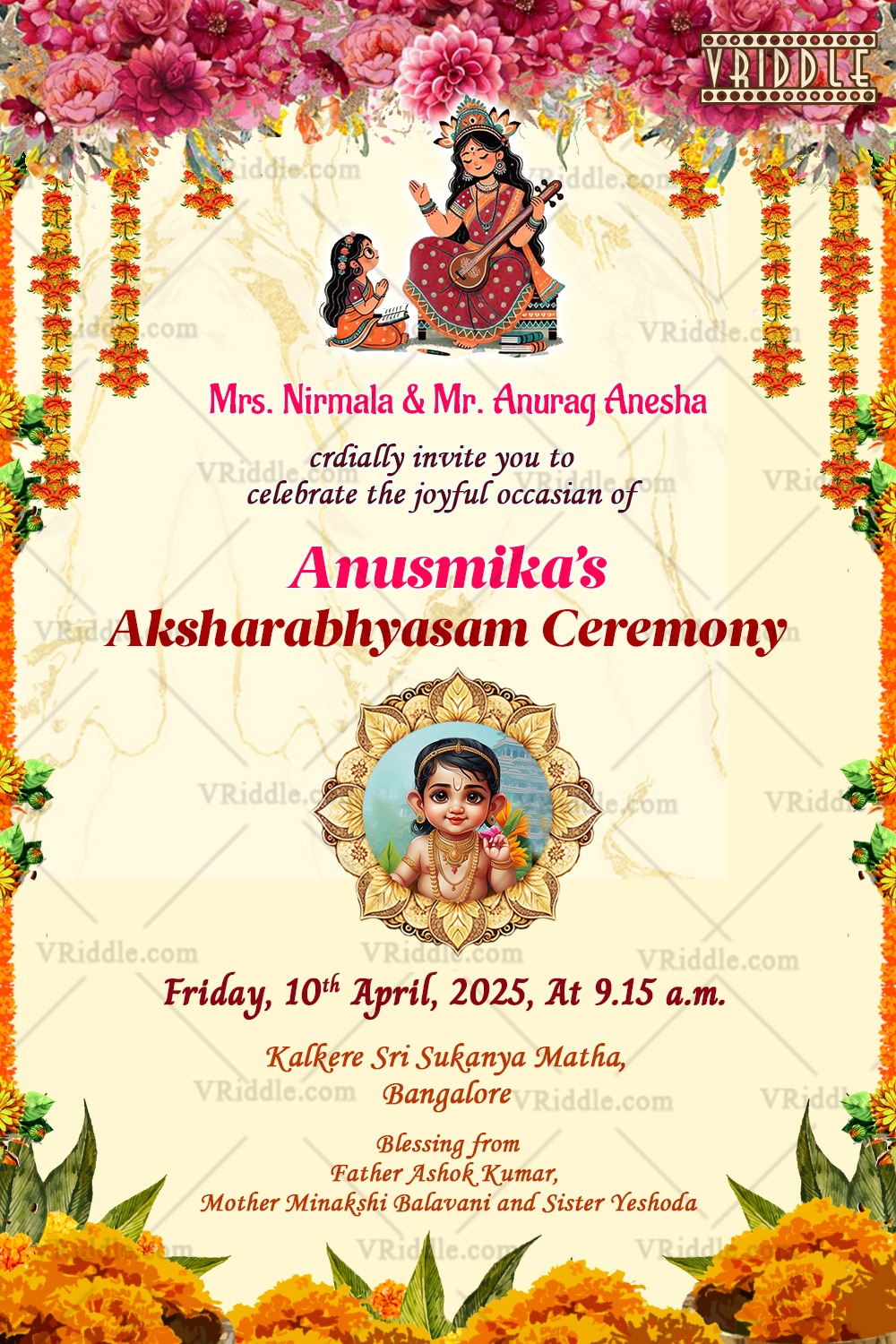 Aksharabhyasam Invitation Divine Beginning with Marigold Decor with Baby Image