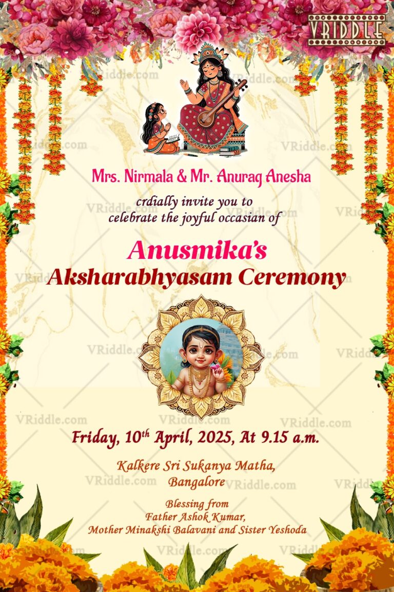 Aksharabhyasam Invitation Divine Beginning with Marigold Decor with Baby Image