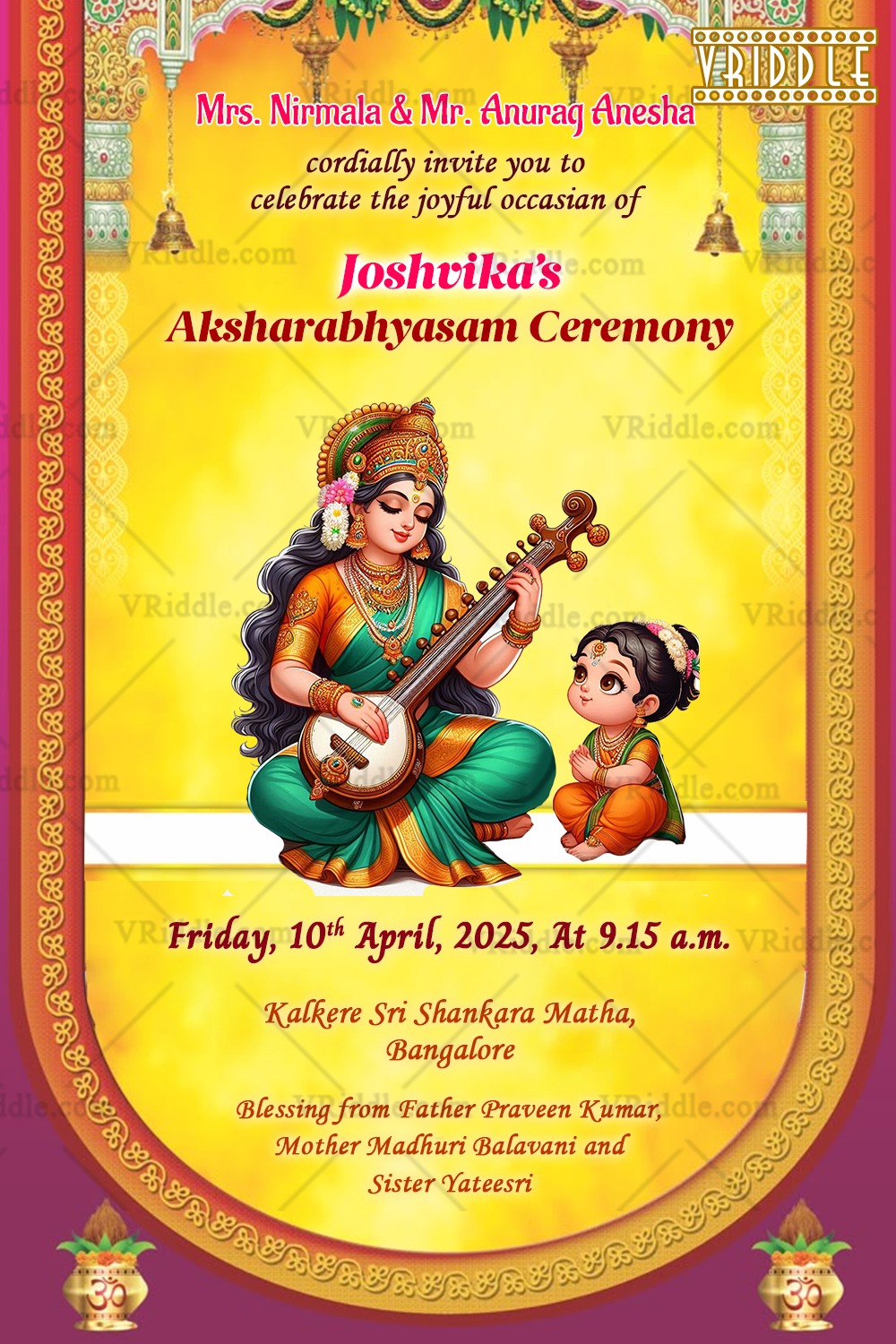 Aksharabhyasam Invitation with Goddess Saraswati Blessings and a Radiant Beginning in Golden Hues