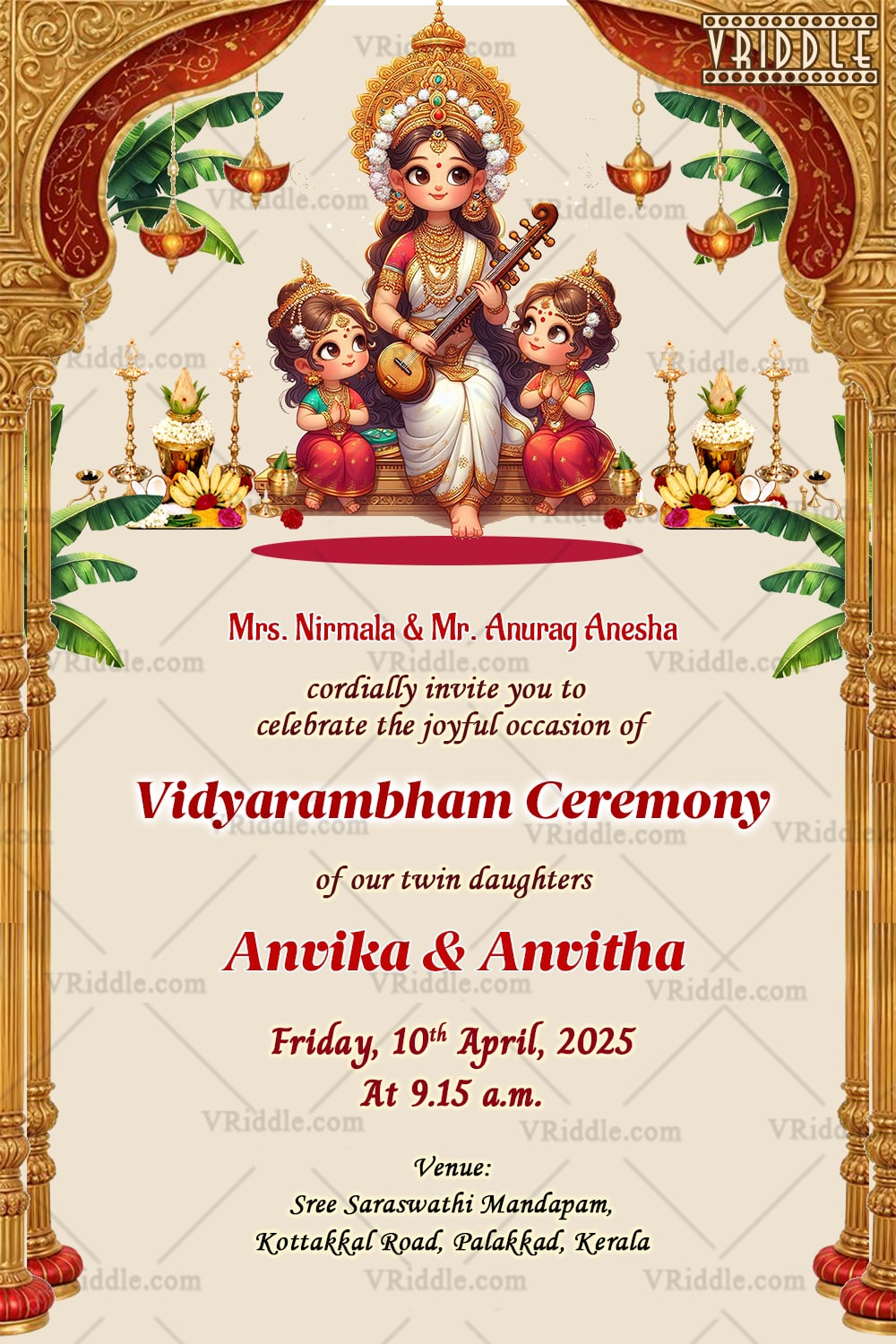 Vidyarambham Twin Girls Invitation Saraswathy Blessings for First Writing Ceremony