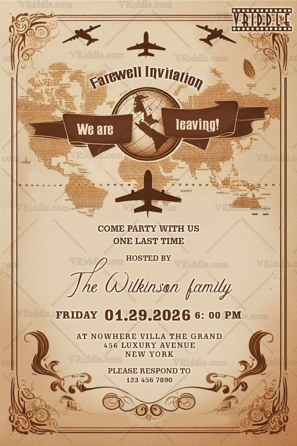 Vintage Travel Theme Farewell Moving Away Invitation with Antique World Map, Airplane and Floral Design