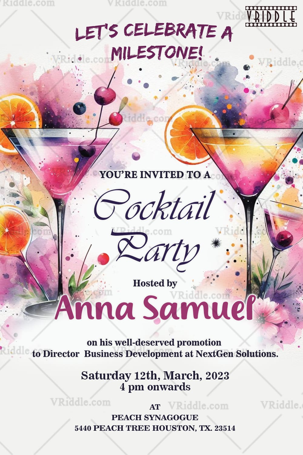 White Background Cocktail Party and Promotion Party Invitation Card with Martini Glasses and Cherries, Citrus