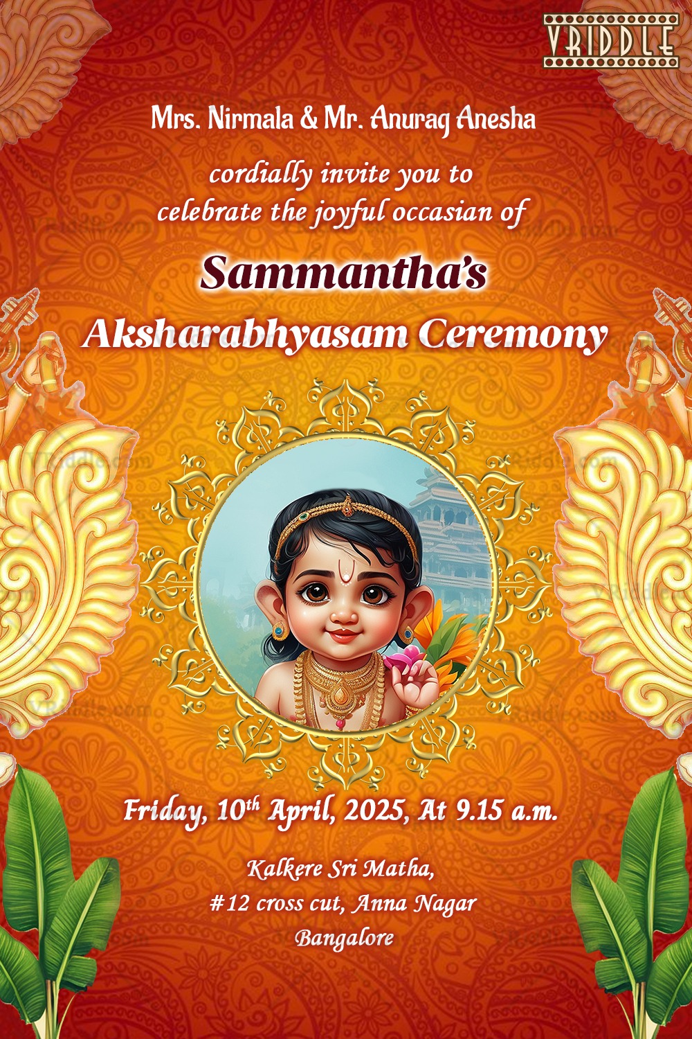 Divine Blessings Aksharabhyasam Ceremony Invitation in Red and Yellow Color Theme