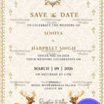 Elegant Wedding Invitation with Golden Motif Accents, Enchanted Gold Stags & Classic Fleur-de-Lis Pattern