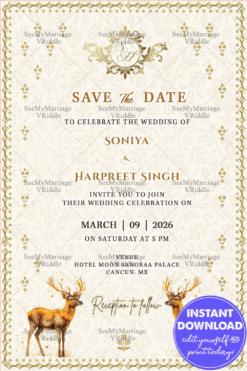 Elegant Wedding Invitation with Golden Motif Accents, Enchanted Gold Stags & Classic Fleur-de-Lis Pattern