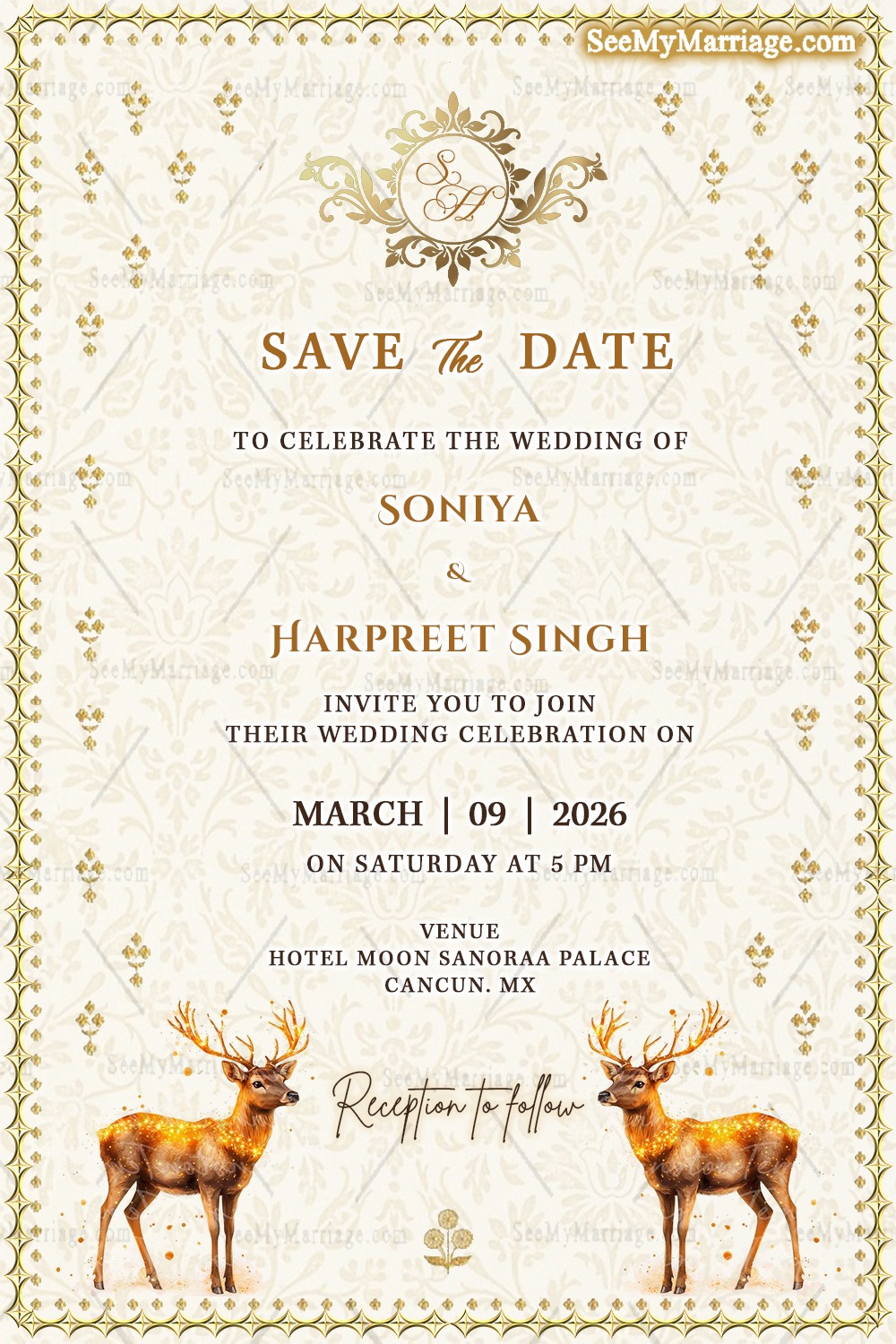 stunning gold elements invitation showcases adorable gold stags, an elegant gold motif, and a classic Fleur-de-Lis pattern