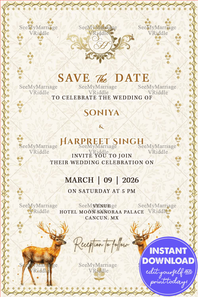 Elegant Wedding Invitation with Golden Motif Accents, Enchanted Gold Stags & Classic Fleur-de-Lis Pattern