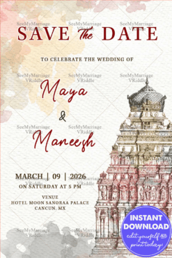 South Indian Temple Wedding Invitation with Watercolor Cream Background