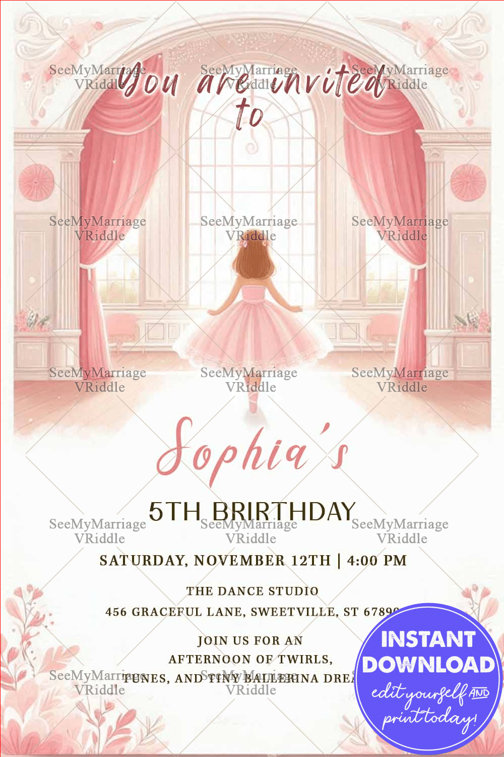 Ballerina Birthday Invitation with Dreamy Pink Theme and Little Girl Illustration