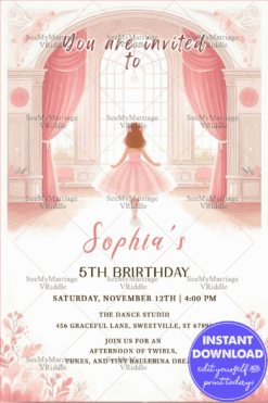 Ballerina Birthday Invitation with Dreamy Pink Theme and Little Girl Illustration