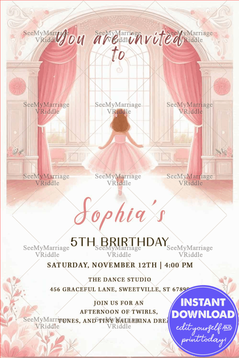 Ballerina Birthday Invitation with Dreamy Pink Theme and Little Girl Illustration