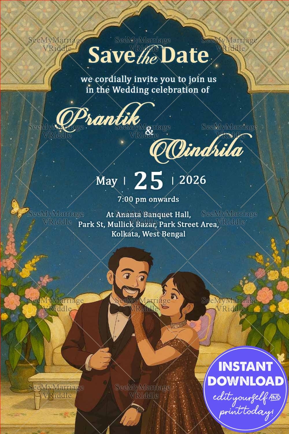 Ghibli Couple Illustrated Wedding Save the Date Invitation Card with Lush Floral Arrangements