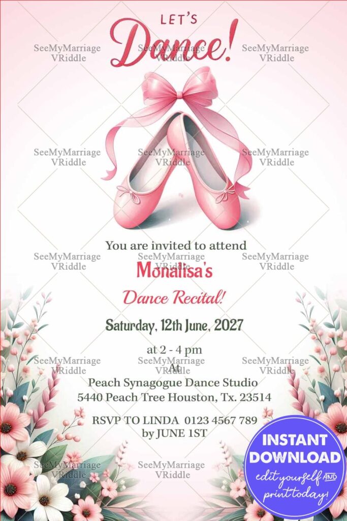 Dance Recital Invitation Card with Pink Ballet Shoes Tied with Ribbon Bow and Floral Accents