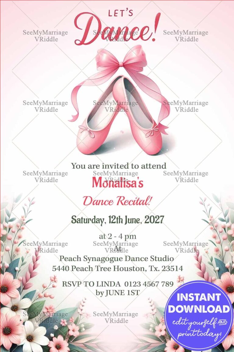 Dance Recital Invitation Card with Pink Ballet Shoes Tied with Ribbon Bow and Floral Accents