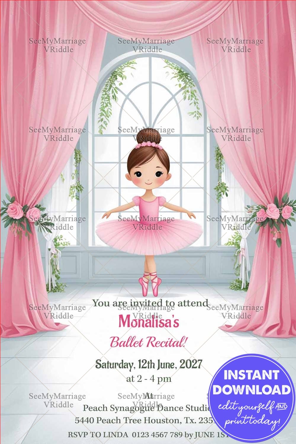 Ballet Recital Invitation Card with Cute Girl Dance Pink Tutu and Floral Curtains